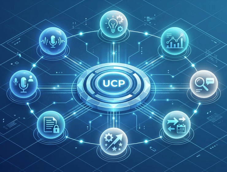 Diagramma concettuale dell'interoperabilità tra agenti AI e il protocollo Google UCP.