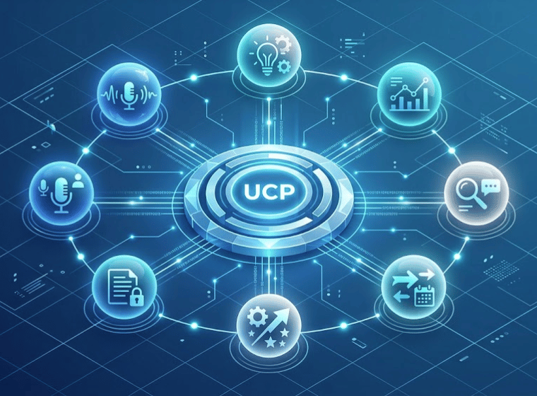 Diagramma concettuale dell'interoperabilità tra agenti AI e il protocollo Google UCP.