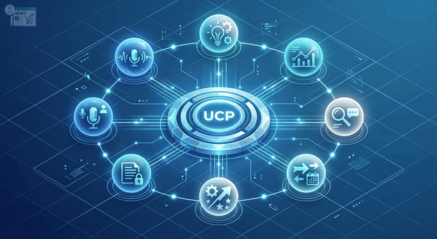 Diagramma concettuale dell'interoperabilità tra agenti AI e il protocollo Google UCP.
