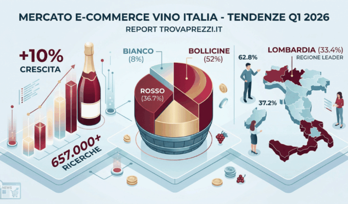 Visualizzazione isometrica 3D dei dati dell'Osservatorio Trovaprezzi.it sull'e-commerce del vino in Italia nel Q1 2026: crescita del 10%, ricerche e preferenze per bollicine e rossi.