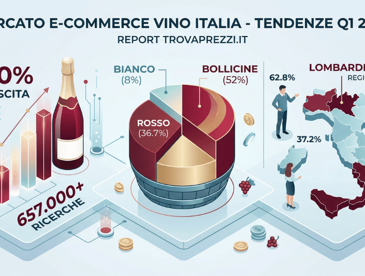 Visualizzazione isometrica 3D dei dati dell'Osservatorio Trovaprezzi.it sull'e-commerce del vino in Italia nel Q1 2026: crescita del 10%, ricerche e preferenze per bollicine e rossi.