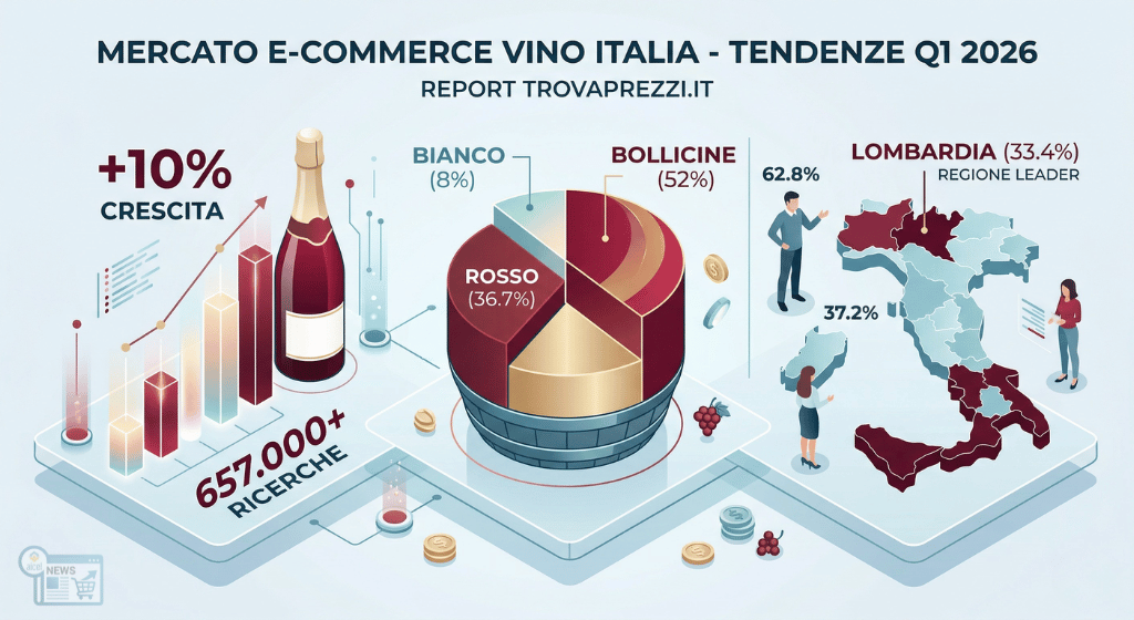 Visualizzazione isometrica 3D dei dati dell'Osservatorio Trovaprezzi.it sull'e-commerce del vino in Italia nel Q1 2026: crescita del 10%, ricerche e preferenze per bollicine e rossi.