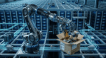 Braccio robotico JD.com con sensori AI che effettua l'imballaggio di prodotti e-commerce.