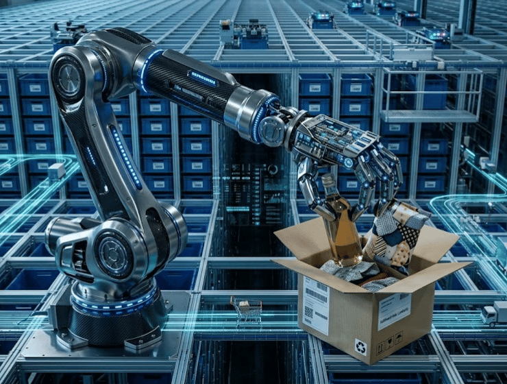 Braccio robotico JD.com con sensori AI che effettua l'imballaggio di prodotti e-commerce.