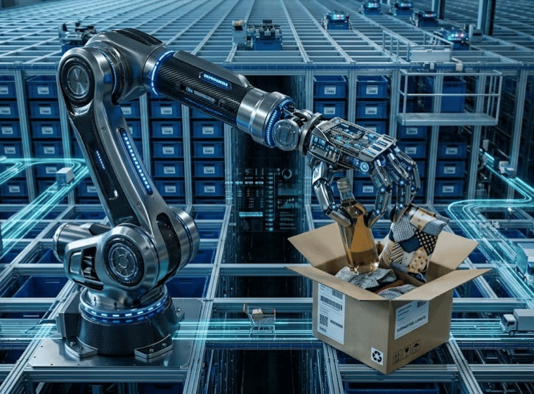 Braccio robotico JD.com con sensori AI che effettua l'imballaggio di prodotti e-commerce.