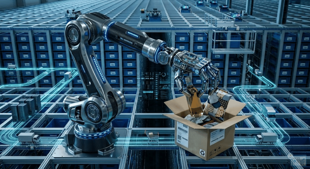 Braccio robotico JD.com con sensori AI che effettua l'imballaggio di prodotti e-commerce.