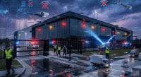 Illustrazione di un datacenter con segnali di allerta e interruzioni di rete digitali.