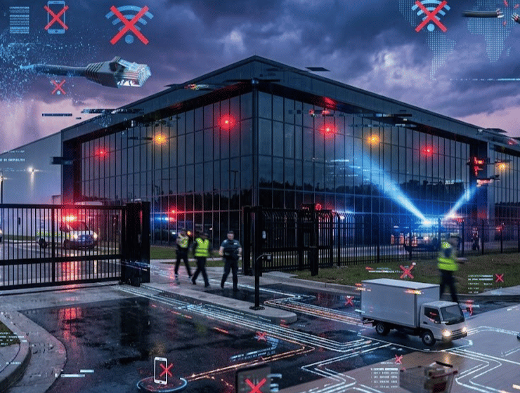 Illustrazione di un datacenter con segnali di allerta e interruzioni di rete digitali.