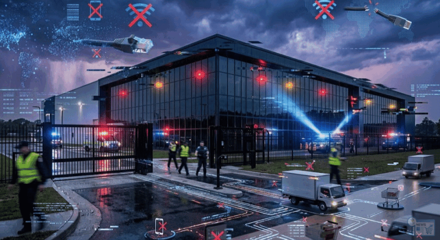 Illustrazione di un datacenter con segnali di allerta e interruzioni di rete digitali.