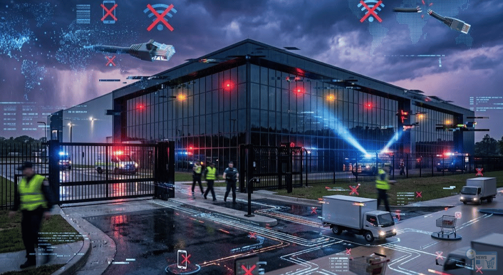 Illustrazione di un datacenter con segnali di allerta e interruzioni di rete digitali.
