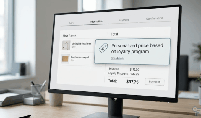 Interfaccia di checkout e-commerce che espone chiaramente la natura personalizzata del prezzo applicato, nel rispetto della normativa europea.