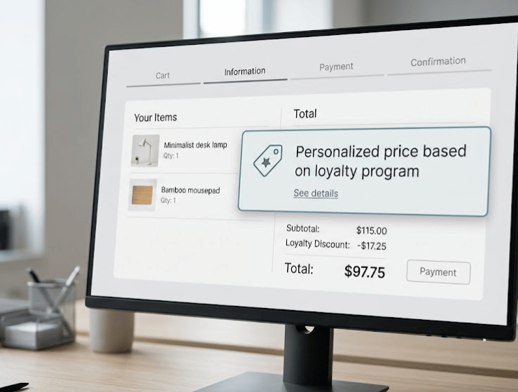Interfaccia di checkout e-commerce che espone chiaramente la natura personalizzata del prezzo applicato, nel rispetto della normativa europea.