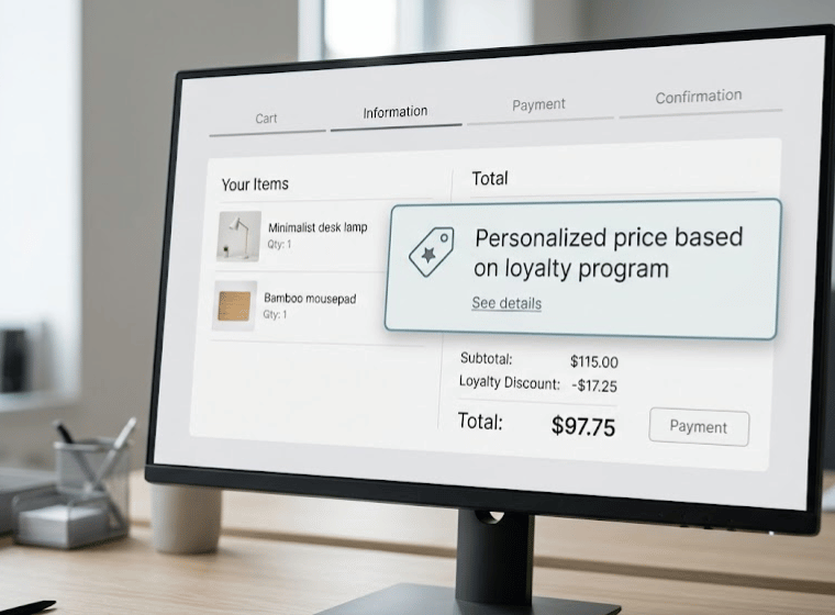 Interfaccia di checkout e-commerce che espone chiaramente la natura personalizzata del prezzo applicato, nel rispetto della normativa europea.