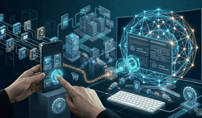 Rappresentazione concettuale di un'intelligenza artificiale che interagisce con i dati di un catalogo e-commerce.
