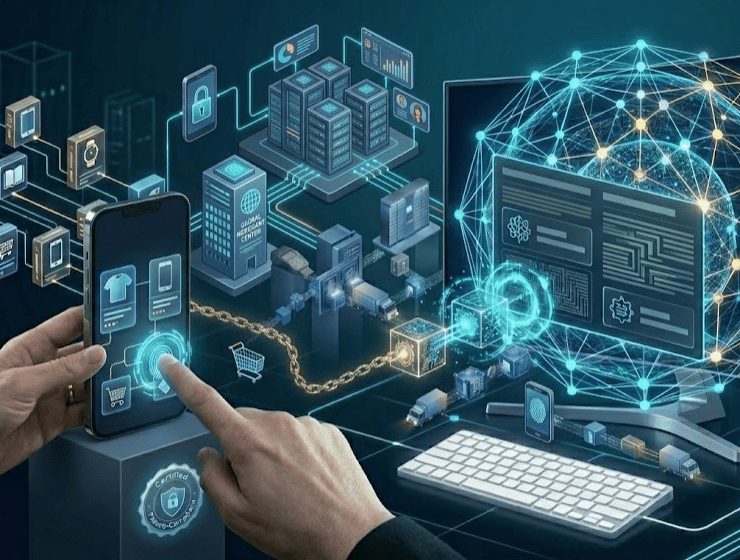 Rappresentazione concettuale di un'intelligenza artificiale che interagisce con i dati di un catalogo e-commerce.