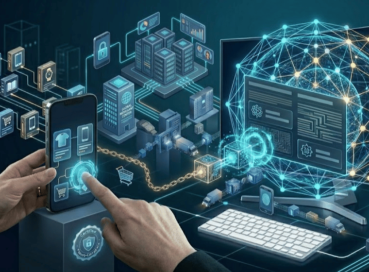 Rappresentazione concettuale di un'intelligenza artificiale che interagisce con i dati di un catalogo e-commerce.