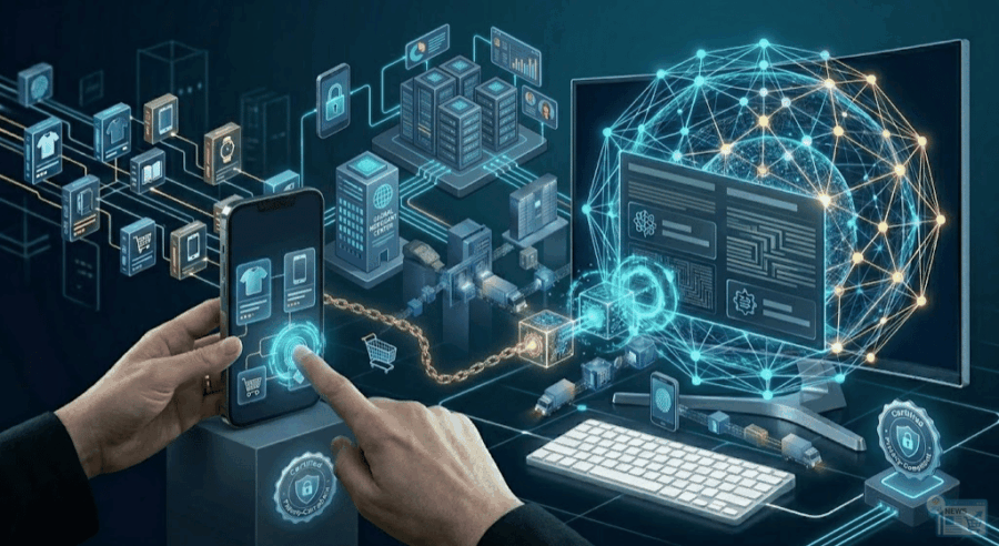 Rappresentazione concettuale di un'intelligenza artificiale che interagisce con i dati di un catalogo e-commerce.