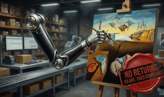 Illustrazione in stile pittura a olio che mostra un braccio robotico mentre dipinge un quadro unico in un magazzino e-commerce. Sulla tela è visibile un timbro digitale rosso che indica 'No Resi - Conforme Art. 16(c) UE', simboleggiando l'esclusione del recesso per i prodotti generati da IA.