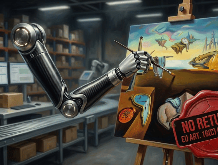 Illustrazione in stile pittura a olio che mostra un braccio robotico mentre dipinge un quadro unico in un magazzino e-commerce. Sulla tela è visibile un timbro digitale rosso che indica 'No Resi - Conforme Art. 16(c) UE', simboleggiando l'esclusione del recesso per i prodotti generati da IA.