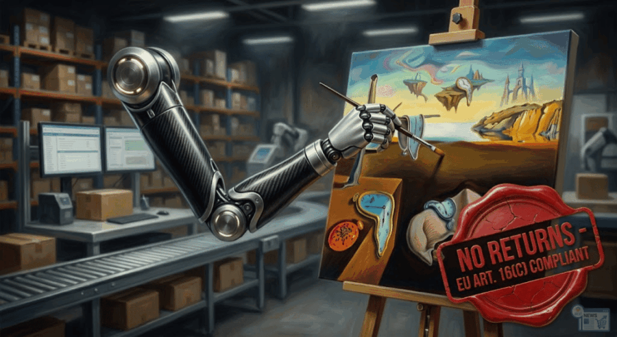 Illustrazione in stile pittura a olio che mostra un braccio robotico mentre dipinge un quadro unico in un magazzino e-commerce. Sulla tela è visibile un timbro digitale rosso che indica 'No Resi - Conforme Art. 16(c) UE', simboleggiando l'esclusione del recesso per i prodotti generati da IA.