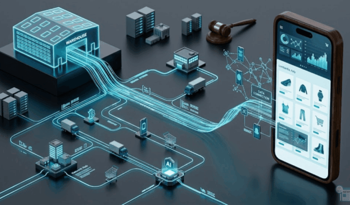 Rappresentazione concettuale dell'infrastruttura Cloud e AI di Alibaba applicata al retail globale
