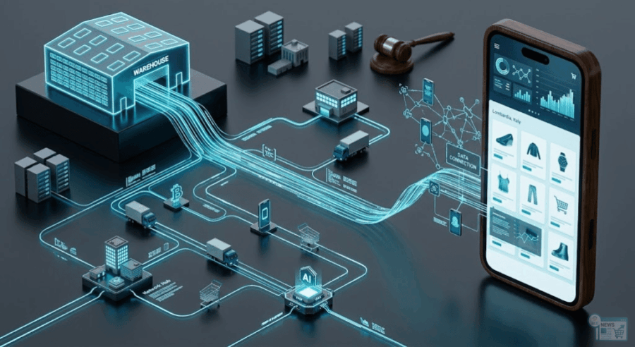 Rappresentazione concettuale dell'infrastruttura Cloud e AI di Alibaba applicata al retail globale