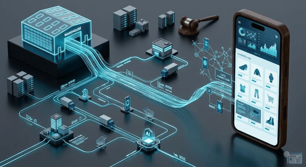 Rappresentazione concettuale dell'infrastruttura Cloud e AI di Alibaba applicata al retail globale