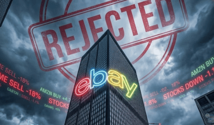 Un palazzo di uffici con logo eBay che sovrasta un piccolo store GameStop, con grafici finanziari rossi sullo sfondo.
