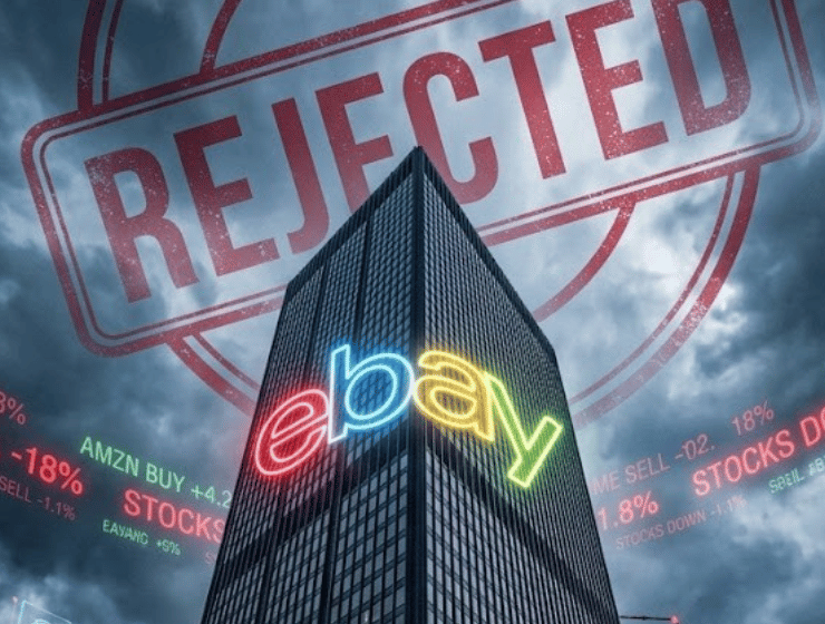 Un palazzo di uffici con logo eBay che sovrasta un piccolo store GameStop, con grafici finanziari rossi sullo sfondo.
