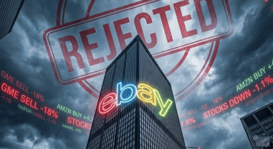 Un palazzo di uffici con logo eBay che sovrasta un piccolo store GameStop, con grafici finanziari rossi sullo sfondo.