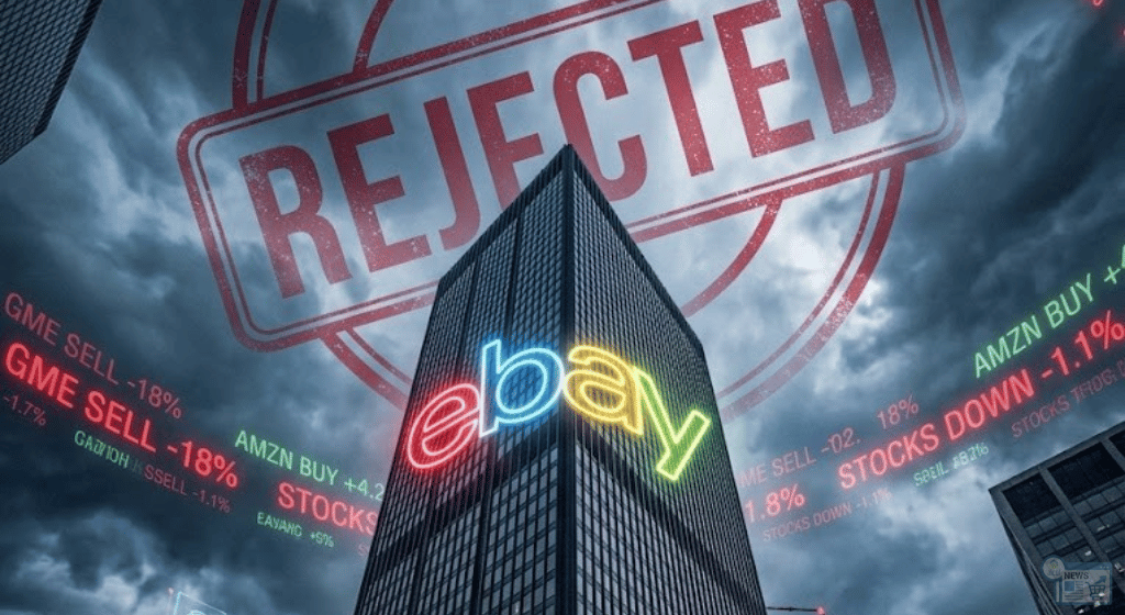 Un palazzo di uffici con logo eBay che sovrasta un piccolo store GameStop, con grafici finanziari rossi sullo sfondo.