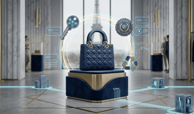 Infografica del ciclo di vita circolare LVMH con Passaporto Digitale Blockchain