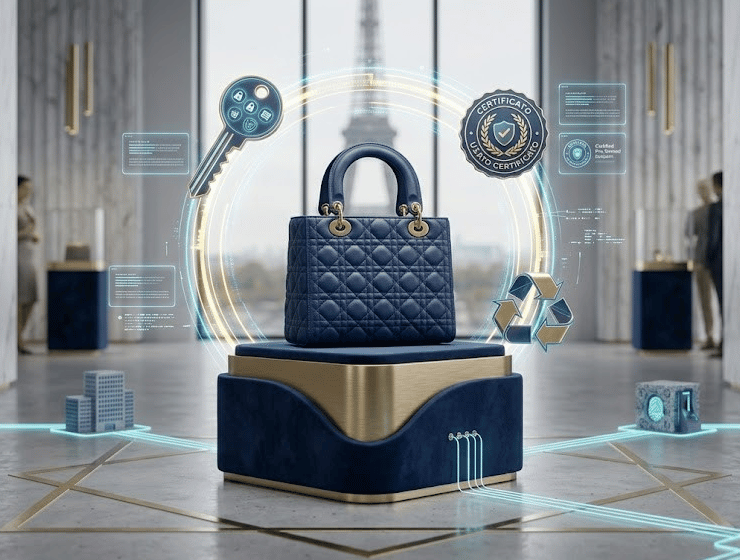Infografica del ciclo di vita circolare LVMH con Passaporto Digitale Blockchain