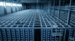 ista dall'alto di un magazzino automatizzato 3D Cube Storage con robot attivi sulla griglia di stoccaggio.