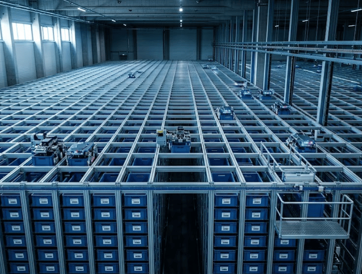 ista dall'alto di un magazzino automatizzato 3D Cube Storage con robot attivi sulla griglia di stoccaggio.