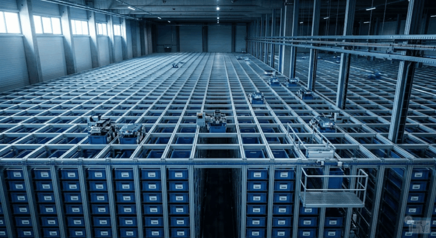 ista dall'alto di un magazzino automatizzato 3D Cube Storage con robot attivi sulla griglia di stoccaggio.