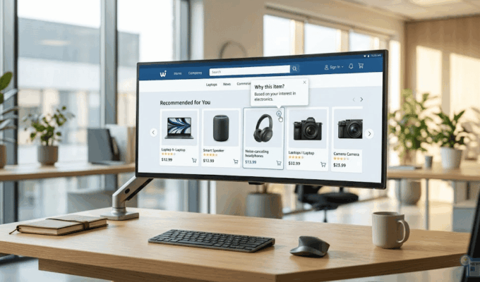 Esempio di sezione di raccomandazione prodotti su e-commerce con spiegazione trasparente della logica algoritmica applicata.