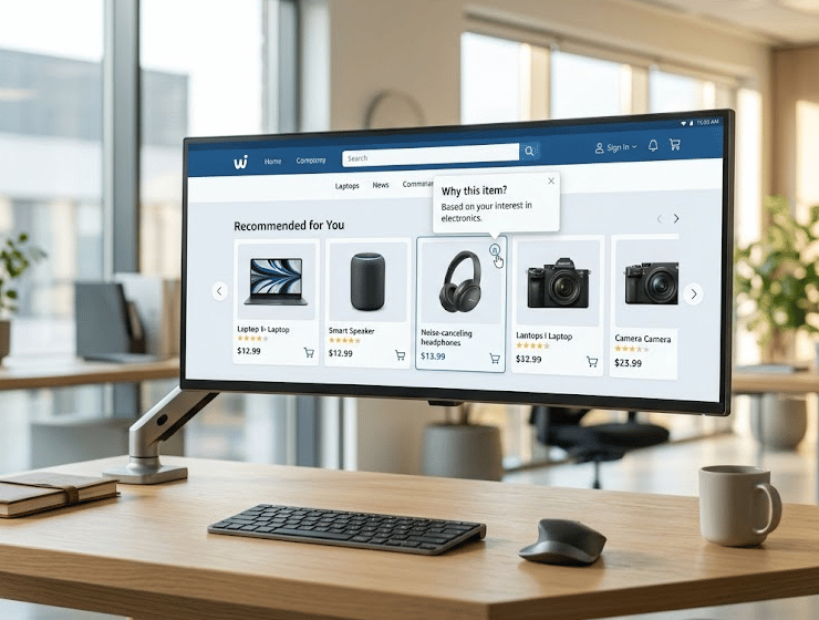 Esempio di sezione di raccomandazione prodotti su e-commerce con spiegazione trasparente della logica algoritmica applicata.