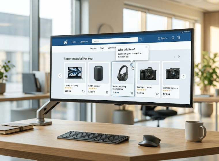 Esempio di sezione di raccomandazione prodotti su e-commerce con spiegazione trasparente della logica algoritmica applicata.