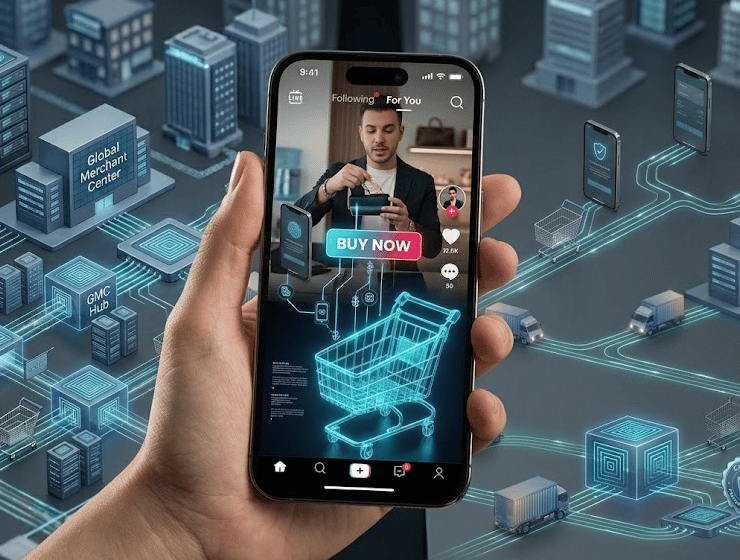 Schermata di smartphone che mostra l'interfaccia di acquisto di TikTok con icone di intelligenza artificiale