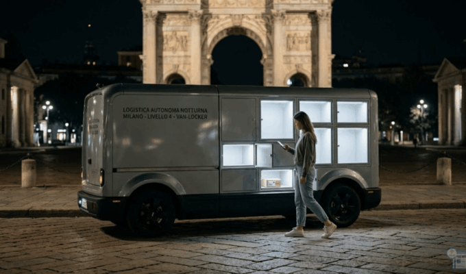van-locker a guida autonoma che arriva in città di notte.