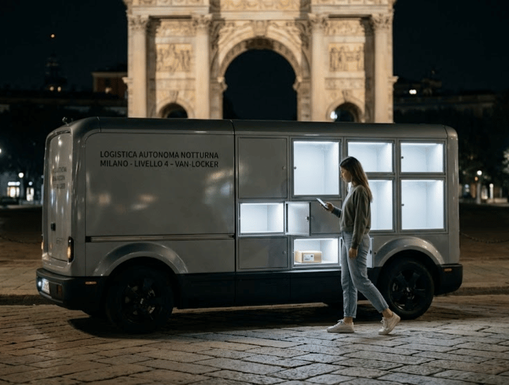 van-locker a guida autonoma che arriva in città di notte.