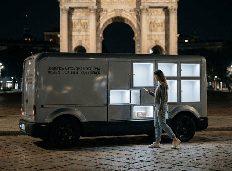 van-locker a guida autonoma che arriva in città di notte.