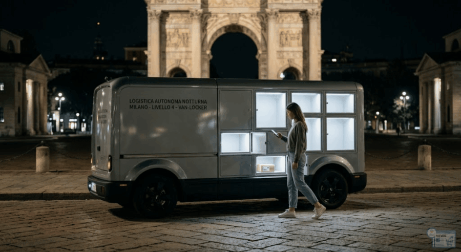 van-locker a guida autonoma che arriva in città di notte.