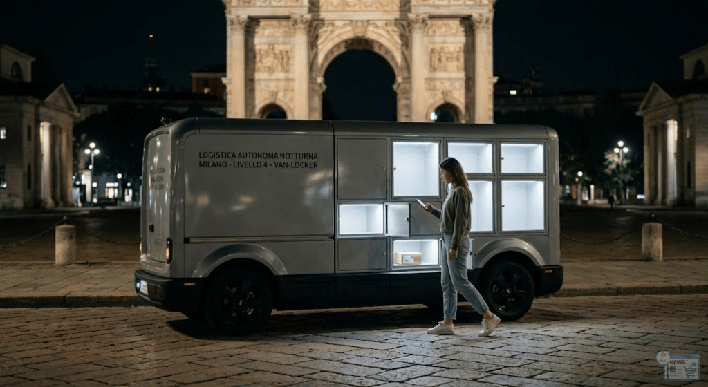 van-locker a guida autonoma che arriva in città di notte.